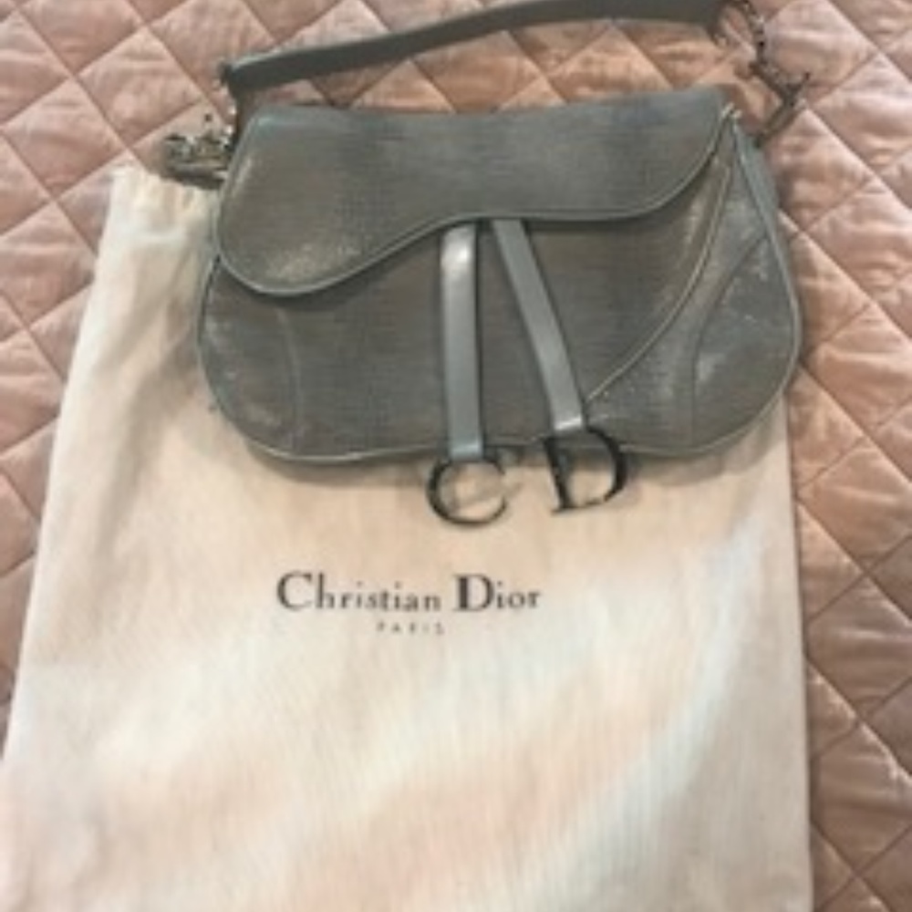 CHRISTIAN DIOR Blue Embossed Suede Double Saddle B